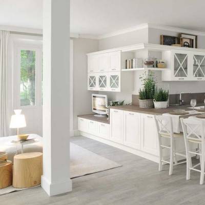 Cucine Lube’s open white beige kitchen collection at Etreluxe