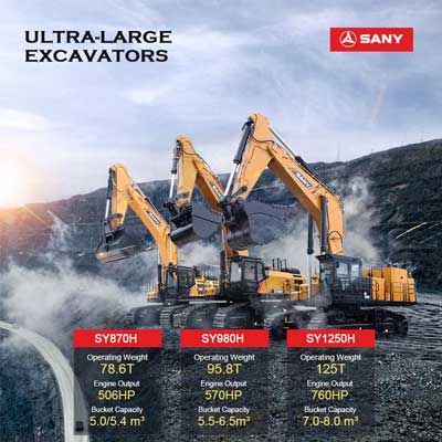 SANY have recently expanded their ultra-large excavator product portfolio with the introduction of three new machines ? 78.6-tonne SY870H, 95.8-tonne SY980H and 125-tonne SY1250H